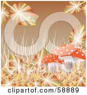Sparkling Autumn Leaves And Grasses Around A Mushroom On Brown