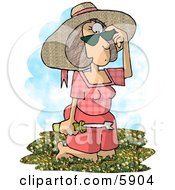 Overwhelmed Woman Looking Down At A Garden Full Of Dandelion Weeds Clipart Picture
