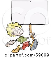 Poster, Art Print Of Happy Blond Boy Running With A Blank Sign On A Stick