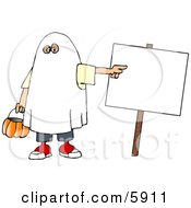 Boy Wearing A Halloween Ghost Costume While Pointing At A Blank Sign Clipart Picture