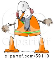 Construction Worker Snowman In Warm Clothes And A Hard Hat Standing Behind Cones