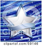 Royalty Free RF Clipart Illustration Of A Blank Blue Banner Around A Shining White Star On A Wavy Blue Background With Tiny Chrome Stars by elaineitalia