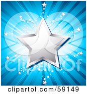 Poster, Art Print Of Shiny Chrome Star Over A Shining Blue Background With Tiny Silver Stars