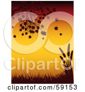Poster, Art Print Of Tree Branch Falling Leaves Grass And Wheat Silhouetted Against Orange