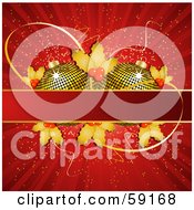 Poster, Art Print Of Two Golden Christmas Ornaments And Holly Behind A Text Box On A Shining Red Background