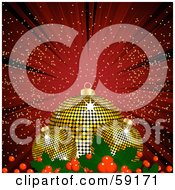 Poster, Art Print Of Three Golden Disco Christmas Baubles And Holly On A Red Background Of Rays And Sparkles