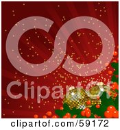 Poster, Art Print Of Red Background Of Rays And Sparkles With Golden Disco Styled Christmas Ornaments And Holly
