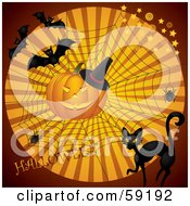 Poster, Art Print Of Red Halloween Background With A Black Cat Spiders Web Pumpkin And Bats