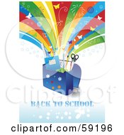 Back To School Background With Supplies In A Bag Under A Shooting Rainbow With Fireworks And Butterflies