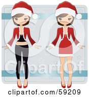 Brunette Christmas Paper Doll Shown In Two Different Outfits - Version 1