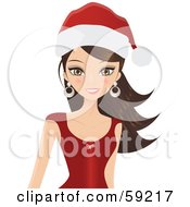 Beautiful Brunette Woman In A Red Dress Wearing A Santa Hat