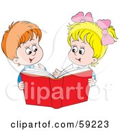 Poster, Art Print Of Boy And Girl Sharing A Red Book