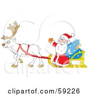 Royalty Free RF Clipart Illustration Of Santa Waving While Riding In A Sleigh Pulled By A White Reindeer