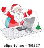 Royalty Free RF Clipart Illustration Of A Happy Santa Holding His Arms Up And Using A Computer