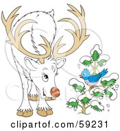 Royalty Free RF Clipart Illustration Of A Friendly White Reindeer Talking To A Bluebird On A Flocked Tree