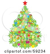 Royalty Free RF Clipart Illustration Of A Lush Green Christmas Tree Adorned With Colorful Decorations And Garlands