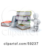 Poster, Art Print Of 3d White Character Leaning Against A Giant Stack Of Colorful Text Books