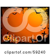 Orange Halloween Background Bordered In Black Grunge With A Cat Graveyard Bats And Pumpkins
