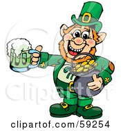 St Patricks Day Leprechaun Holding A Pot Of Gold And Green Beer