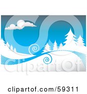 Poster, Art Print Of Winter Background With Swirls Between Evergreens Flocked In Snow Under A Blue Sky