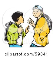 Royalty Free RF Clipart Illustration Of Two High School Boys Waving While Passing Each Other