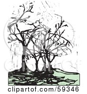 Royalty Free RF Clipart Illustration Of Spooky Black Trees And Grunge With Thick Roots In Green Hills by xunantunich