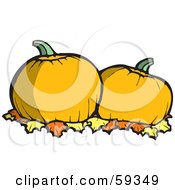 Royalty Free RF Clipart Illustration Of Two Pumpkins Resting On A Bed Of Autumn Leaves
