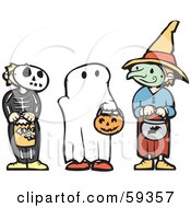 Poster, Art Print Of Trick Or Treating Halloween Children In Skeleton Ghost And Witch Costumes