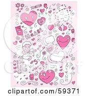 Royalty Free RF Clipart Illustration Of A Pink Background Of Valentines Day Doodles With Hearts And Cupid