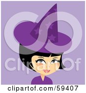 Royalty Free RF Clipart Illustration Of A Pretty Woman With Short Black Hair Wearing A Purple Halloween Witch Hat by Monica