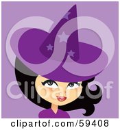 Poster, Art Print Of Beautiful Black Haired Woman Wearing A Purple Halloween Witch Hat