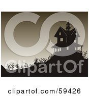 Royalty Free RF Clipart Illustration Of A Silhouetted Haunted House On A Hill With Vampire Bats Flying Above The Roof Top