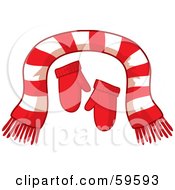 Pair Of Red Mittens And A Striped Scarf