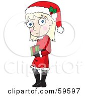 Poster, Art Print Of Shy Blond Christmas Girl Wearing A Santa Hat And Carrying A Gift