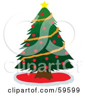 Poster, Art Print Of Green Christmas Tree Adorned With Orange Garland Red Baubles And A Star
