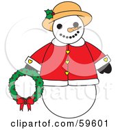 Chubby And Frendly Snowman In A Warm Coat And Hat Holding A Wreath