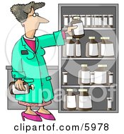 Female Pharmacist Restocking The Shelves With Bottles Of Medicine And Drugs