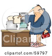 Poster, Art Print Of Sleepy Man In A Robe Preparing Coffee And Toast In His Kitchen