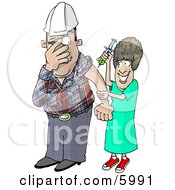 Scared Worker With Trypanophobia Getting A Flu Shot From A Nurse Clipart Picture by djart