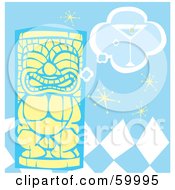 Royalty Free RF Clipart Illustration Of A Yellow Tiki Carving Thinking Of A Martini Ona Blue Checker Retro Background by xunantunich