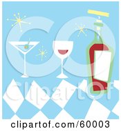Royalty Free RF Clipart Illustration Of A Martini And A Glass And Bottle Of Red Wine On Blue