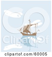 Poster, Art Print Of Silhouetted Brown Ship On Still Blue Water With Cloud Reflections
