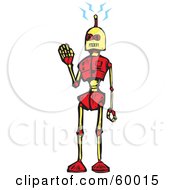 Royalty Free RF Clipart Illustration Of A Waving Red Toy Robot Receiving Electrical Waves