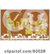 Royalty Free RF Clipart Illustration Of A Mayan Warrior With A Shield And Sword Standing By A Brown Mural