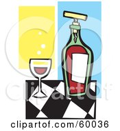 Royalty Free RF Clipart Illustration Of A Glass Of Red Wine By A Bottle On A Checkered Counter by xunantunich