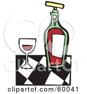 Poster, Art Print Of Glass Of Red Wine By A Bottle On A Black And White Checkered Counter