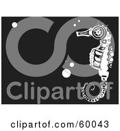 Royalty Free RF Clipart Illustration Of A Black And White Tribal Seahorse On A Black Background With Bubbles