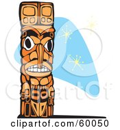 Poster, Art Print Of Carved Wooden Totem Pole On A Blue Retro Star Background