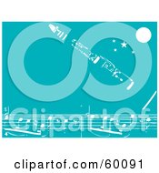 Royalty Free RF Clipart Illustration Of A White Clarinet Over Sheet Music With A Moon And Stars Over Teal