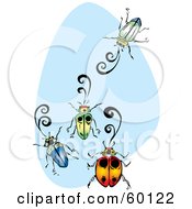 Royalty Free RF Clipart Illustration Of Four Colorful Beetles Over Blue And White by xunantunich